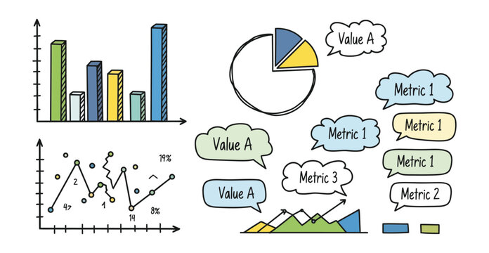 Hand-drawn vector illustration showcasing diverse data visualization elements including bar charts, scatter plots, pie charts, and metric callouts for business analysis