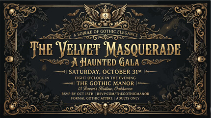 Elegant Halloween Masquerade Ball Invitation Vector Illustration Gothic Party Design with Skulls and Ornate Frame © Syartinolky | Pixels