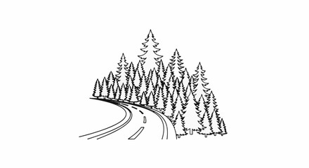 Obraz premium Winding road through a dense forest of evergreen trees