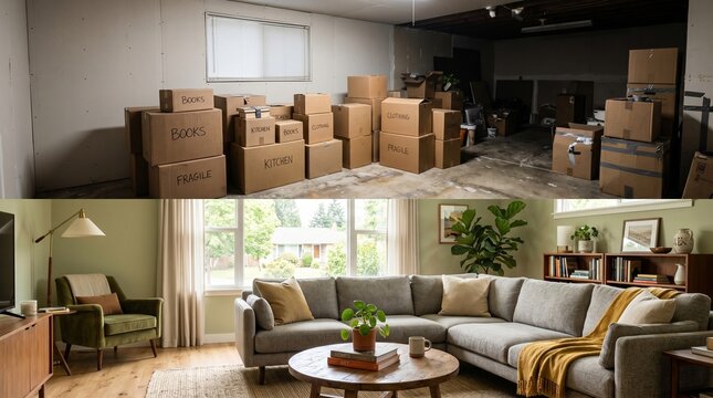 Before and After: Cluttered Basement Transformed into Cozy Modern Living Room