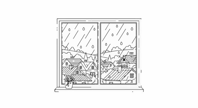 View through window of raining town with potted plant