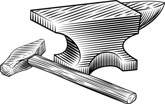 Hammer and anvil blacksmith workshop metalwork tools illustration in a vintage woodcut engraved etching style.