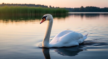 Fototapeta premium Elegant swan gliding on calm water under soft sunset light