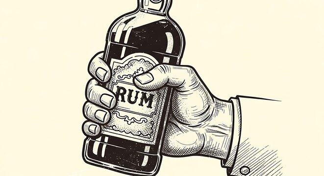 Hand holding rum bottle illustration with label and engraved style