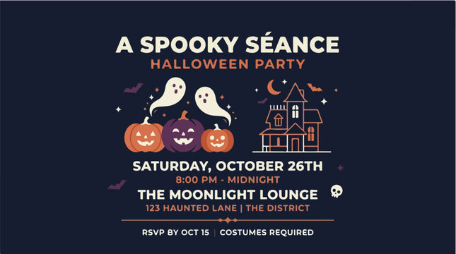 Halloween Party Invitation Vector Illustration Spooky S&eacute;ance Theme with Pumpkins Ghosts and Haunted House Design for October Events