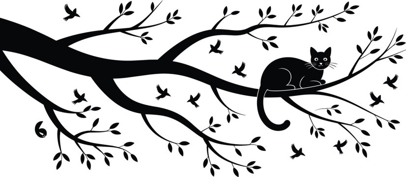 Black cat silhouette sitting on a tree branch with birds flying around leaves and twigs for wall art vinyl decals and interior home decoration