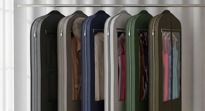 Row of hanging garment bags with zipped compartments storing various clothing items for organized protection.