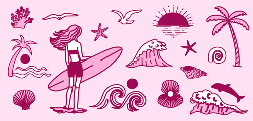 Obraz premium Hand drawn girly pink summer surf collection with beach lifestyle elements including surfer woman, waves, palm trees, ocean animals and shells.