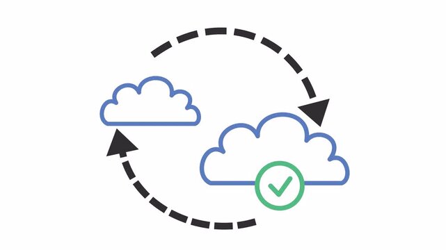 Cloud computing synchronization icon with green check mark isolated on the alpha channel. Successful data backup and cloud process element concept in cartoon animation. Flat line art of a data cloud.