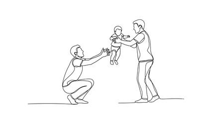 Obraz premium Joyful Family Moment: Two Dads Playing with Baby, Line Art Illustration