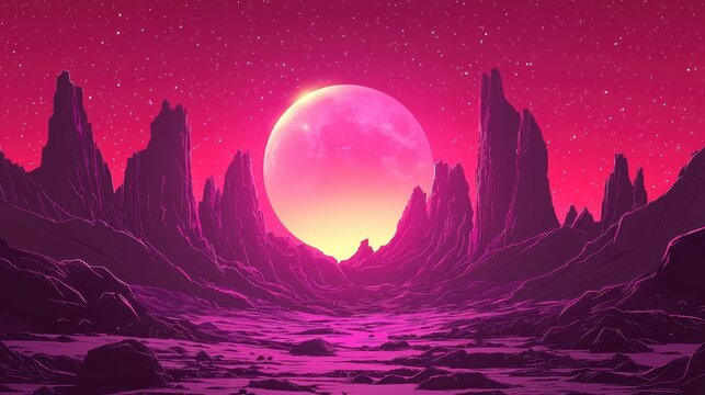 Pink moon rises over desolate alien landscape