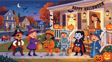 Obraz premium Halloween Trick or Treaters Costumes Vector Illustration Festive Kids Celebrating Spooky Night with Pumpkins and Happy Neighbor