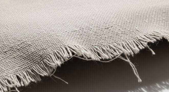 Close-up view of a rough, uneven edge with frayed threads on thick, natural canvas material