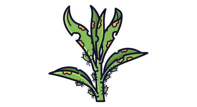 Illustration of a green plant with leaves damaged by pests and small insects