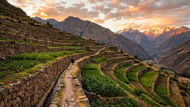 Ancient Andean Farming Terraces on Steep Mountainside at Sunset Photography