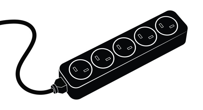 A black and white illustration depicts a power strip with multiple outlets and a connecting cable high quality