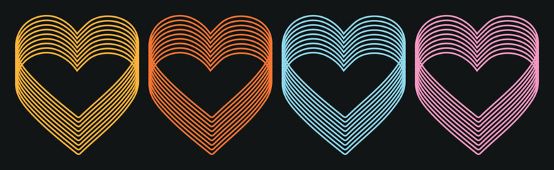 A striking composition featuring four stylized heart shapes arranged horizontally against a deep black background. Each heart is constructed from multiple concentric lines in a different vibrant color © Nazmul
