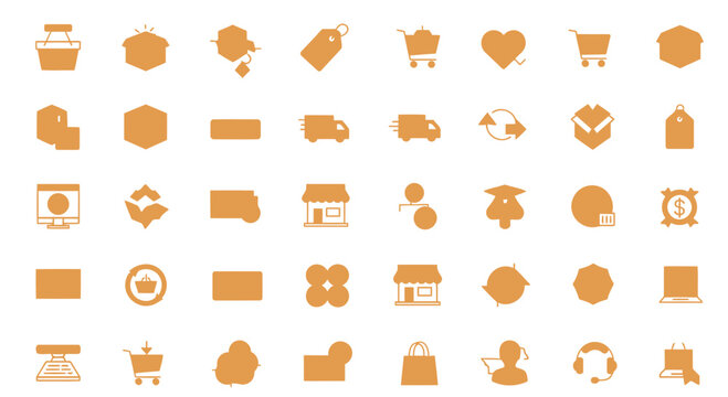 Comprehensive collection of vibrant orange e-commerce and online shopping vector icons, perfect for web design, mobile apps, and digital business projects