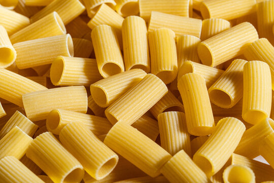 Close up of uncooked Rigatoni pasta 