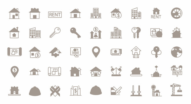 Comprehensive collection of real estate and housing icons, featuring symbols for property, construction, finance, and home ownership, ideal for web and app design projects