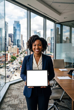 Businesswoman in a conference room showing tablet with blank screen, cityscape with highrises visible through window