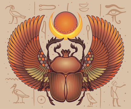 Vector illustration of an ancient Egyptian scarab beetle. Sacred symbol of rebirth and protection, inspired by traditional ornament and mythology. Ideal for tattoo, print, and decorative design.