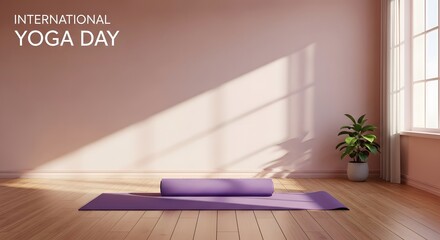 Fototapeta premium Celebrate international yoga day peaceful studio scene with yoga mat and sunlight