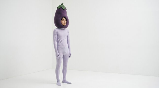 Abstract emotional detachment concept with eggplant mascot head and expressionless man, empty white room, copy space