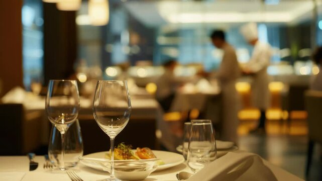 Luxurious restaurant interior with elegant table setting and attentive staff.