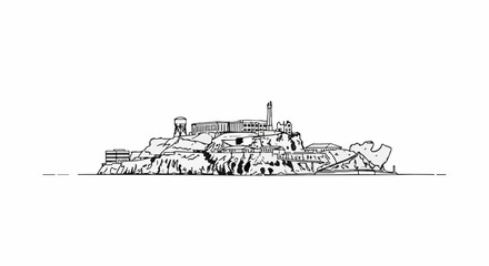 Obraz premium Sketch of an island fortress with buildings and a lighthouse on a rocky outcrop