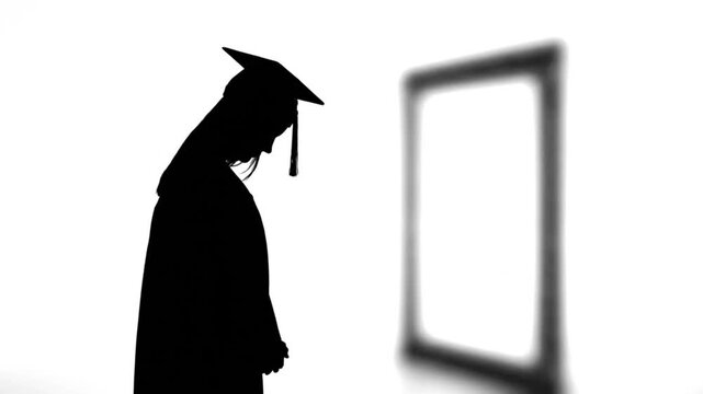 Student silhouette respectful pose facing blurred frame minimal white banner space