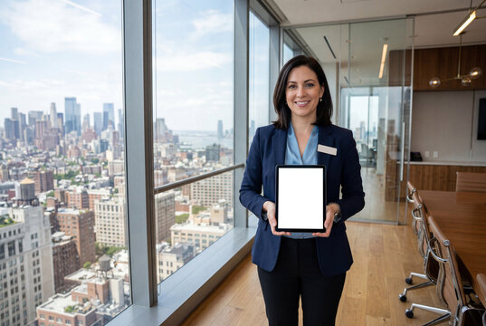 Businesswoman in a conference room showing tablet with blank screen, cityscape with highrises visble through window
