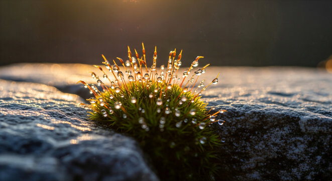 Luminous Dewdrops on Spiky Moss Sporophytes on Textured Rock