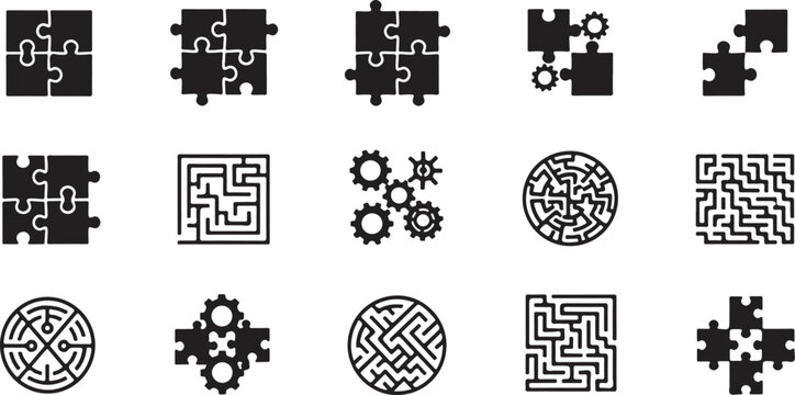 Black and white puzzle pieces and mazes icons