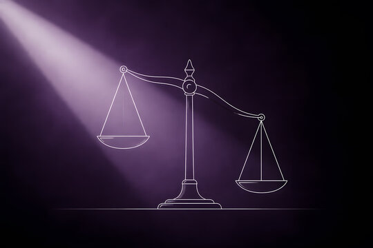 Minimalist line art of an unbalanced scale in purple light