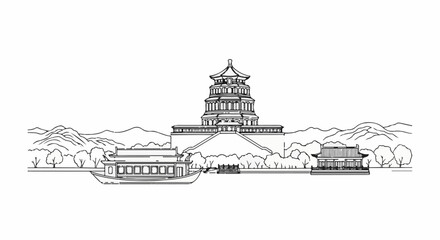 Fototapeta premium Ornate tower structure overlooking serene waters with a traditional boat