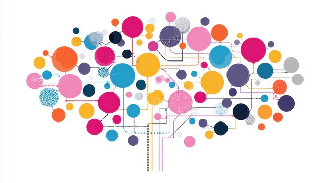 A creative mind map chart clipart, brainstorming process element, colorful connected nodes, flat design, isolated on white background. 