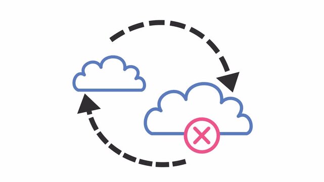 Cloud computing synchronization error icon with red cross mark isolated on the alpha channel. Failed data backup or rejected cloud sync connection element concept in cartoon animation.
