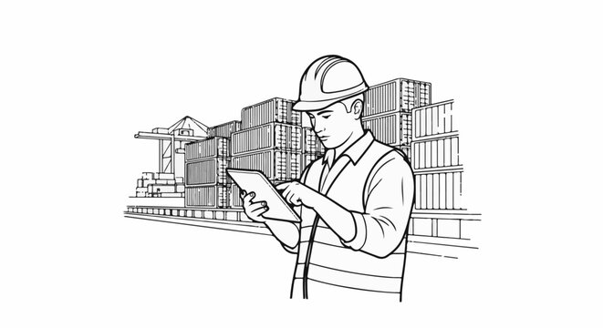 Industrial worker with tablet at shipping container yard