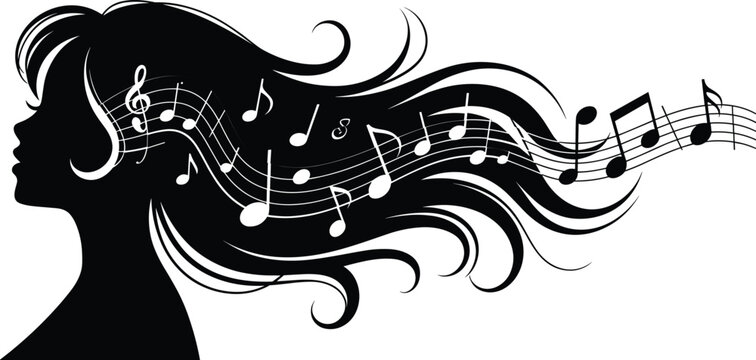 Beautiful woman silhouette with flowing long hair containing musical notes and staff lines for creative music festival branding and concert posters
