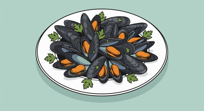 A plate of delicious mussels garnished with parsley on a light teal background