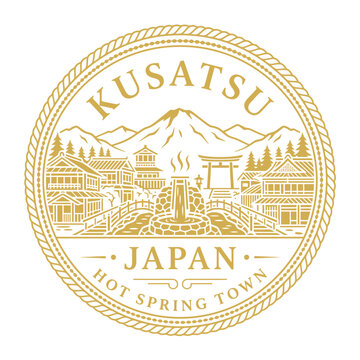 Gold Kusatsu Japan hot spring town emblem with mountain and traditional architecture vector illustration