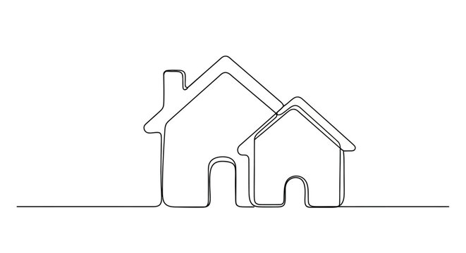 Minimalist Continuous Line Drawing of Two Houses, Symbolizing Home and Real Estate