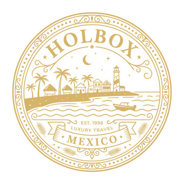Holbox Mexico luxury travel emblem featuring tropical beach scene gold line art vector