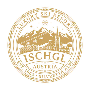 Ischgl Austria luxury ski resort emblem with mountains vector illustration