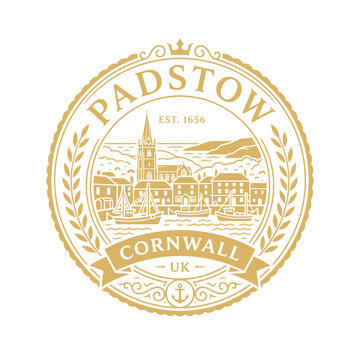 Padstow Cornwall UK emblem featuring harbor scene and boats vintage gold vector illustration