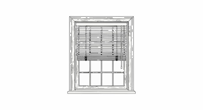 A sketch of a double-hung window with blinds and eight panes