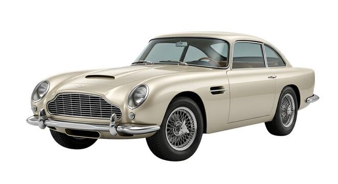 Classic Aston Martin DB5 luxury sports car isolated on white background.