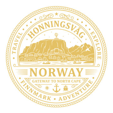 Vintage Norway travel emblem featuring Honningsv&aring;g coastal village scenery vector illustration