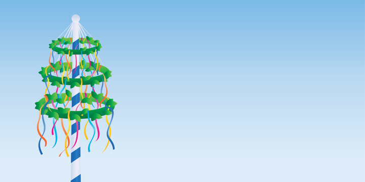 maypole with colorful ribbons on blue sky background vector illustration